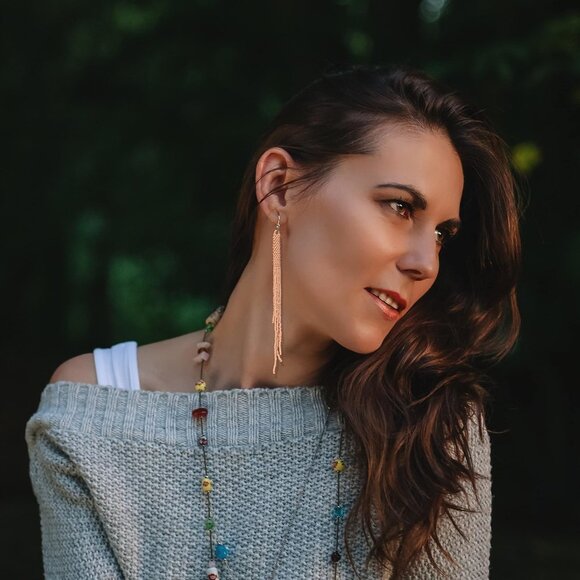 Long Beaded Dangle Earrings – Boho Native Handmade Seed Bead Tassel Bohemian Lar - Picture 2 of 4